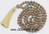 GMN1036 Hand-knotted 8mm, 10mm matte unakite 108 beads mala necklace with tassel