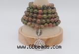 GMN1148 Hand-knotted 8mm, 10mm unakite 108 beads mala necklaces with charm