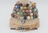 GMN1150 Hand-knotted 8mm, 10mm mixed gemstone 108 beads mala necklaces with charm