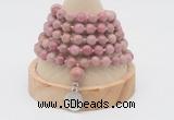 GMN1159 Hand-knotted 8mm, 10mm pink wooden jasper 108 beads mala necklaces with charm