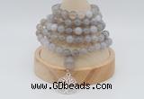 GMN1189 Hand-knotted 8mm, 10mm grey banded agate 108 beads mala necklaces with charm