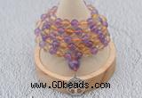 GMN1235 Hand-knotted 8mm, 10mm amethyst & citrine 108 beads mala necklaces with charm