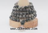 GMN1265 Hand-knotted 8mm, 10mm black water jasper 108 beads mala necklaces with charm