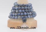 GMN1283 Hand-knotted 8mm, 10mm blue spot stone 108 beads mala necklace with charm