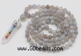 GMN1418 Hand-knotted 8mm, 10mm grey banded agate 108 beads mala necklace with pendant