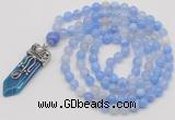 GMN1419 Hand-knotted 8mm, 10mm blue banded agate 108 beads mala necklace with pendant