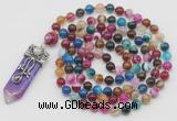 GMN1422 Hand-knotted 8mm, 10mm colorfull banded agate 108 beads mala necklace with pendant