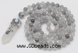 GMN1457 Hand-knotted 8mm, 10mm cloudy quartz 108 beads mala necklace with pendant