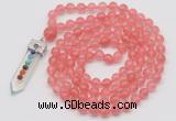 GMN1458 Hand-knotted 8mm, 10mm cherry quartz 108 beads mala necklace with pendant