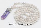 GMN1520 Hand-knotted 8mm, 10mm white crazy agate 108 beads mala necklace with pendant