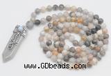 GMN1522 Hand-knotted 8mm, 10mm bamboo leaf agate 108 beads mala necklace with pendant