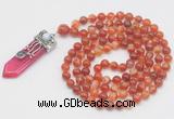 GMN1527 Hand-knotted 8mm, 10mm red banded agate 108 beads mala necklace with pendant