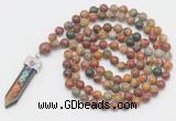 GMN1532 Hand-knotted 8mm, 10mm picasso jasper 108 beads mala necklace with pendant