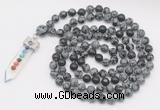 GMN1536 Hand-knotted 8mm, 10mm snowflake obsidian 108 beads mala necklace with pendant