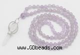 GMN1552 Knotted 8mm, 10mm lavender amethyst 108 beads mala necklace with pendant