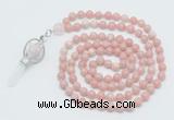 GMN1553 Knotted 8mm, 10mm Chinese pink opal 108 beads mala necklace with pendant