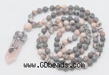 GMN1556 Knotted 8mm, 10mm pink zebra jasper 108 beads mala necklace with pendant