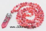 GMN1559 Knotted 8mm, 10mm red banded agate 108 beads mala necklace with pendant