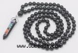 GMN1561 Knotted 8mm, 10mm black obsidian 108 beads mala necklace with pendant