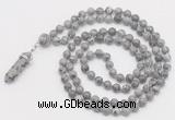 GMN1652 Hand-knotted 6mm grey picture jasper 108 beads mala necklaces with pendant