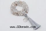 GMN1751 Knotted 8mm, 10mm montana agate 108 beads mala necklace with tassel & charm