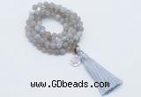 GMN1752 Knotted 8mm, 10mm grey banded agate 108 beads mala necklace with tassel & charm