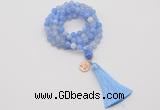 GMN1753 Knotted 8mm, 10mm blue banded agate 108 beads mala necklace with tassel & charm