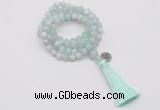 GMN1754 Knotted 8mm, 10mm sea blue banded agate 108 beads mala necklace with tassel & charm