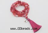 GMN1756 Knotted 8mm, 10mm red banded agate 108 beads mala necklace with tassel & charm