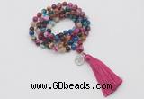 GMN1759 Knotted 8mm, 10mm colorfull banded agate 108 beads mala necklace with tassel & charm