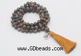 GMN1763 Knotted 8mm, 10mm ocean agate 108 beads mala necklace with tassel & charm