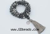 GMN1773 Knotted 8mm, 10mm black water jasper 108 beads mala necklace with tassel & charm