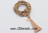 GMN1775 Knotted 8mm, 10mm picture jasper 108 beads mala necklace with tassel & charm