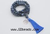 GMN1798 Knotted 8mm, 10mm dumortierite 108 beads mala necklace with tassel & charm