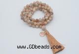 GMN1804 Knotted 8mm, 10mm sunstone 108 beads mala necklace with tassel & charm