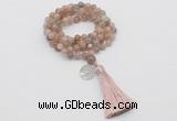 GMN1805 Knotted 8mm, 10mm moonstone 108 beads mala necklace with tassel & charm