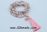 GMN1807 Knotted 8mm, 10mm natural pink opal 108 beads mala necklace with tassel & charm