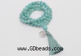 GMN1808 Knotted 8mm, 10mm amazonite 108 beads mala necklace with tassel & charm