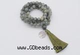 GMN1816 Knotted 8mm, 10mm seaweed quartz 108 beads mala necklace with tassel & charm