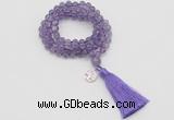 GMN1821 Knotted 8mm, 10mm amethyst 108 beads mala necklace with tassel & charm