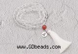 GMN1822 Knotted 8mm, 10mm white crystal 108 beads mala necklace with tassel & charm