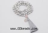 GMN1839 Knotted 8mm, 10mm white howlite 108 beads mala necklace with tassel & charm