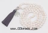 GMN1856 Knotted 8mm, 10mm faceted Tibetan agate 108 beads mala necklace with tassel & charm