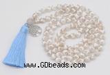 GMN1857 Knotted 8mm, 10mm faceted Tibetan agate 108 beads mala necklace with tassel & charm