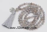 GMN1861 Knotted 8mm, 10mm grey banded agate 108 beads mala necklace with tassel & charm