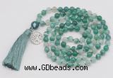 GMN1863 Knotted 8mm, 10mm green banded agate 108 beads mala necklace with tassel & charm