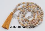 GMN1869 Knotted 8mm, 10mm yellow crazy agate 108 beads mala necklace with tassel & charm