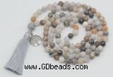 GMN1870 Knotted 8mm, 10mm bamboo leaf agate 108 beads mala necklace with tassel & charm