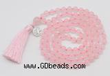 GMN1872 Knotted 8mm, 10mm rose quartz 108 beads mala necklace with tassel & charm