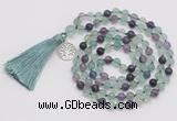 GMN1884 Knotted 8mm, 10mm fluorite 108 beads mala necklace with tassel & charm